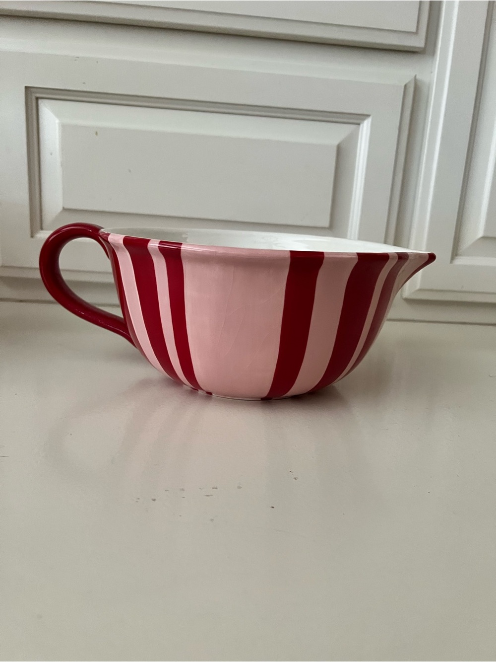 Striped Pink and Red Ceramic Mixing/Batter Bowl with Handle